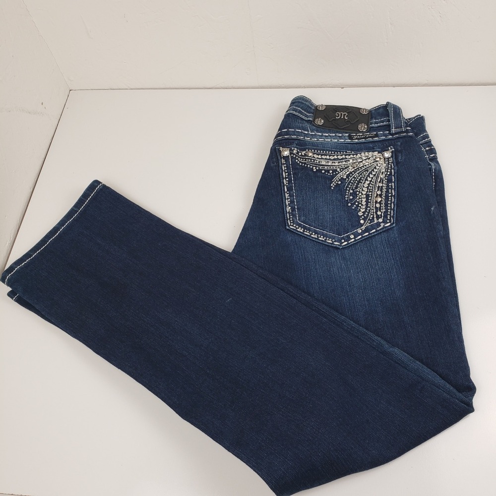 Miss Me Straight Leg Jeans Dark Wash Rhinestone Studded Women's Size 29 (31x30)